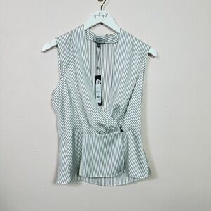 BCBG White and Navy Sleeveless Pinstripe Wrap Top, Size Small‎